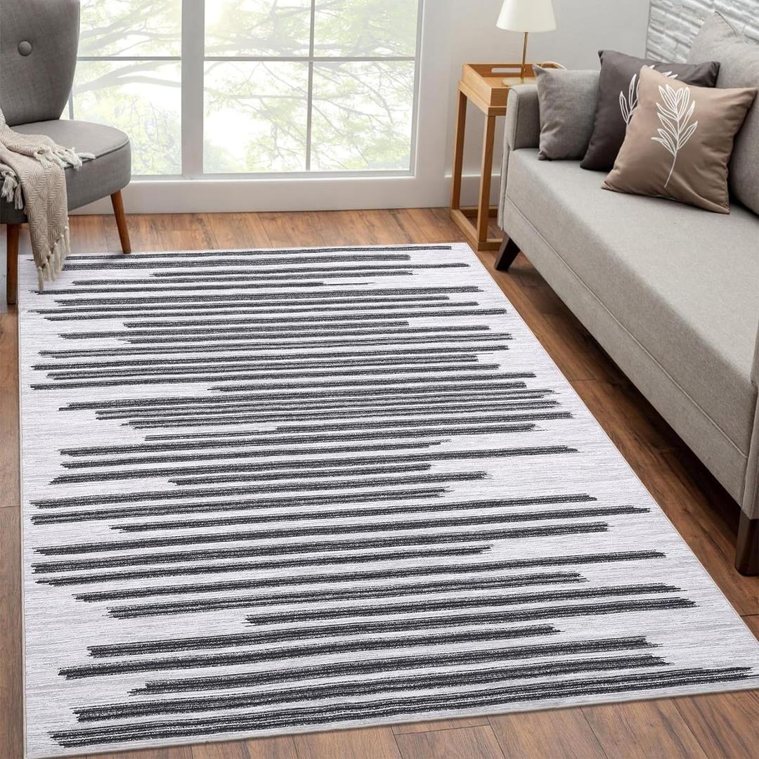 Area Rug 9X12 Modern Berber Stripe Indoor Farmhouse Area-Rug Low Pile Non Slip Throw Rug Machine Washable Rug Stain-Resistant Carpet for Bedroom Living Room, Cream/Black (9'x12')