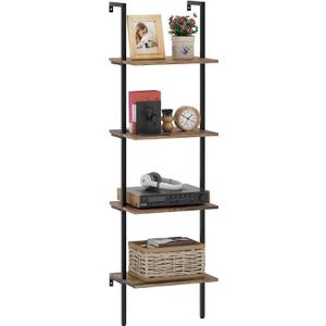 Wolawu Ladder Shelf 4 Tiers Metal Industrial Bookshelf,Brown Wood Tall Open Storage Rack and Display Shelves,Wall Mount Wide Book Case for Home Office Bedroom,Small