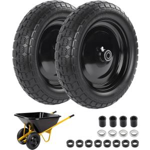 4.80/4.00-8 wheelbarrow tire, 14.5" Flat Free Solid Tire and Wheel, 3" Centered Hub, 5/8" & 3/4" Bearings, Universal Replacement for Garden Carts Wagon Wheel Barrow, 2 Pack (Black)