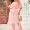 Women's Off The Shoulder Embroidered Lace Maxi Wedding Dress Boho Wedding Guest Formal Party Maternity Photoshoot Dresses (Pink, M)