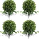 28" Artificial Boxwood Ball Bush, UV Resistant Topiary Tree Faux Boxwood Ball Shaped Porch Bushes with Ground Spike Artificial Bushes for Outdoors Front Door Decor Home Garden (4, Green)