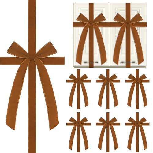 Daifunli 6 Pcs Christmas Velvet Cabinet Door Bows and Ribbons Large Christmas Door Cabinet Bows for Gifts Xmas Cabinets Furniture Kitchen Party Decorations (Brown)