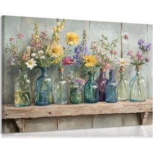 1Pcs Framed Rustic Farmhouse Floral Canvas Wall Art Enchanting Wildflowers Poster Print Vintage colored glass bottle picture printing Wooden Background Wall Decor for Bathroom Living Room decoration, 16"L x 24"W