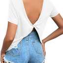 Women's Twist Backless Short Sleeve T Shirts Tops Round Neck Curved Hem Casual Workout Tee T-Shirts (White, L)