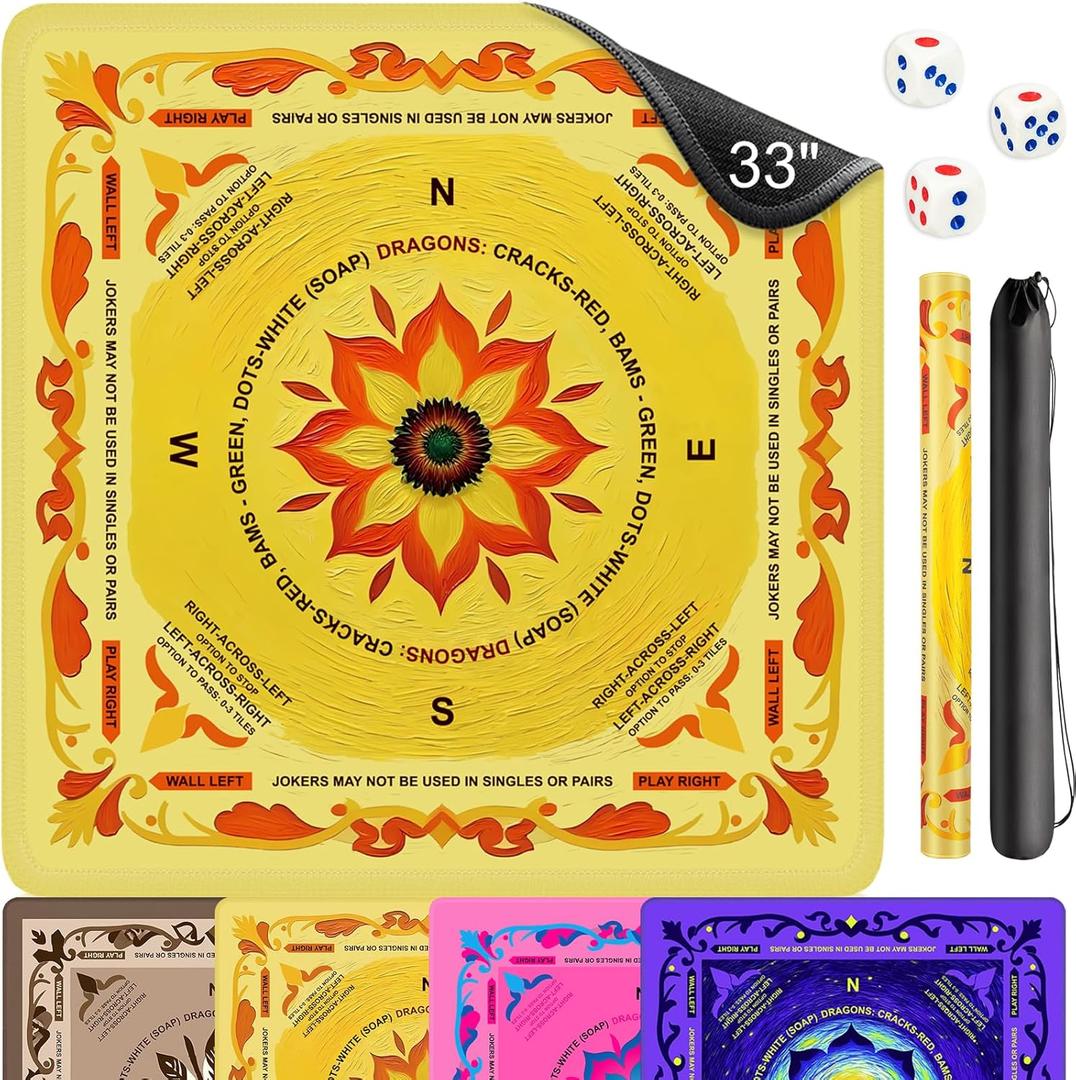 Neoprene Mahjong Mat with Rules, 33x33 Inch Mahjong Mat for Table, Non-Slip Noise Reduction Mah Jongg Mat with Carrying Bag and 3 Dice for Poker, Card, Board, Tile Games, Dominoes (Yellow)