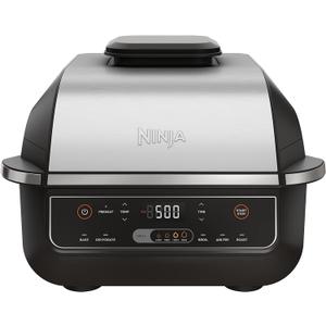 Ninja EG201 Foodi 6-in-1 Indoor Grill with Air Fry, Roast, Bake, Broil, & Dehydrate, 2nd Generation, Dishwasher Safe, Black/Silver