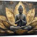 Large Buddha Lotus Canvas Wall Art Abstract Gold and Grey Zen Buddhism Decor painting Pictures Modern Serene Meditation Posters Prints for living room Bedroom Office Hallway Home Decoration (40"L x 20"W)