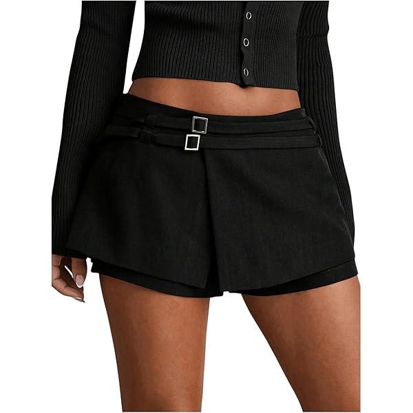 SweatyRocks Women's Buckle Low Waist Mini Skirts Business Casual Skort Skirts S