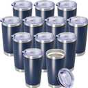 20 oz Tumbler Coffee Travel Tumblers Bulk with Lid Stainless Steel Double Wall Vacuum Insulated Mug Powder Coated Cups fit Car Cupholder for Hot and Cold - Navy, 12Pack