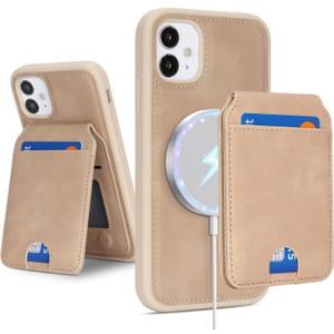 for iPhone 11 Case Compatible MagSafe Wallet with Card Holder - Detachable 2 in 1 Magnetic Stand Cover - Wireless Charging Credit Card Slots for Men Women-Beige