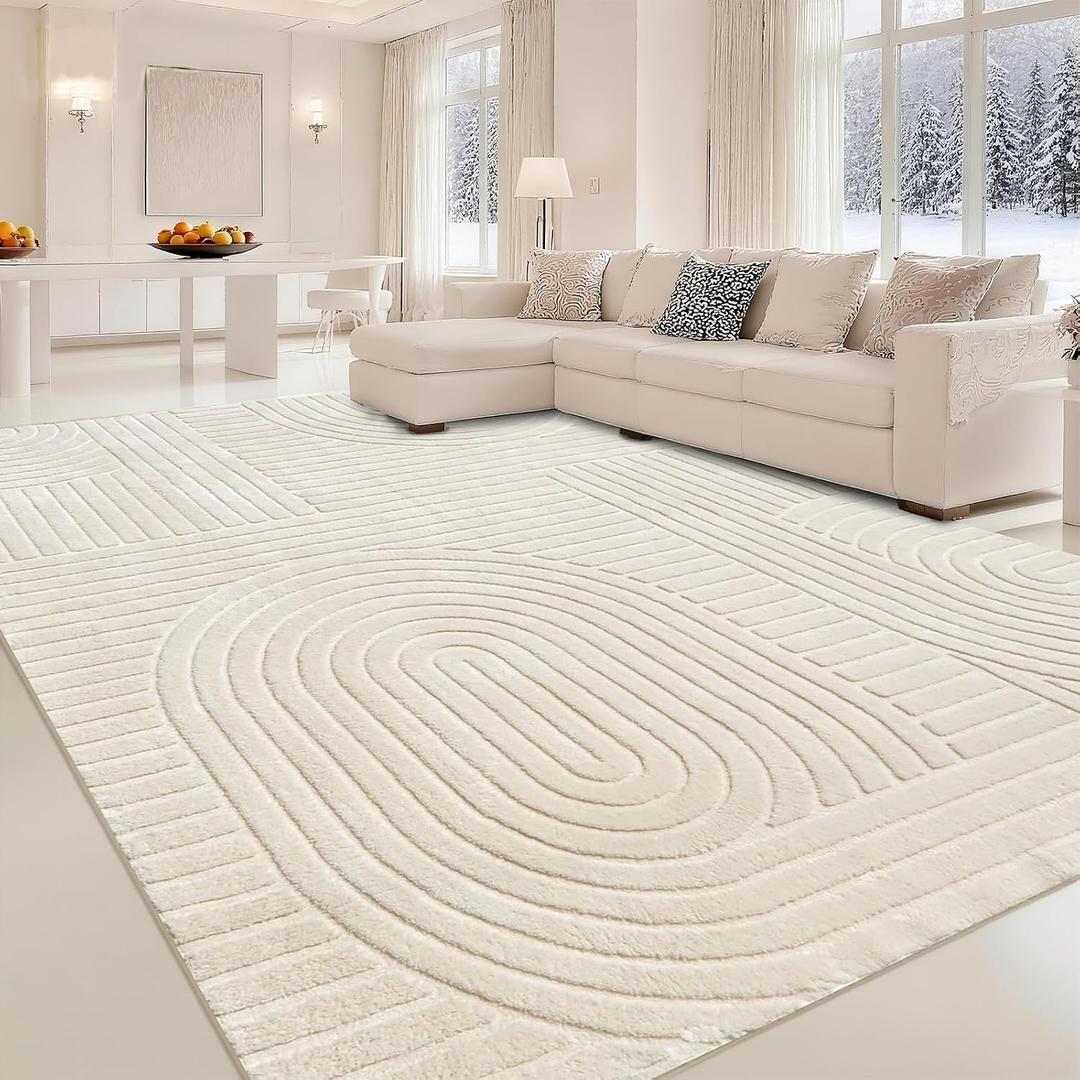 Beige Solid Area Rug 8x10 Large Washable Soft Indoor Rugs for Living Room Bedroom, Modern Geometric Bohemian Pattern High-Low Pile Textured Carpet for House Apartment, Home Office Decor