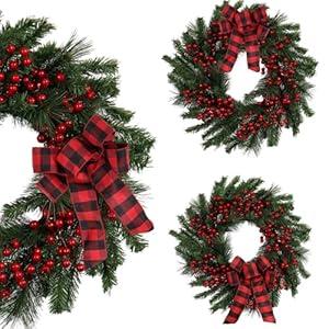 Zhemobang 20 Inch Christmas Wreath for Front Door, Artificial Christmas Door Wreath with Pine Needle Red Bows Berries, Winter Snowy Xmas Wreath for Indoor Outdoor Wall Window Farmhouse Home Décor