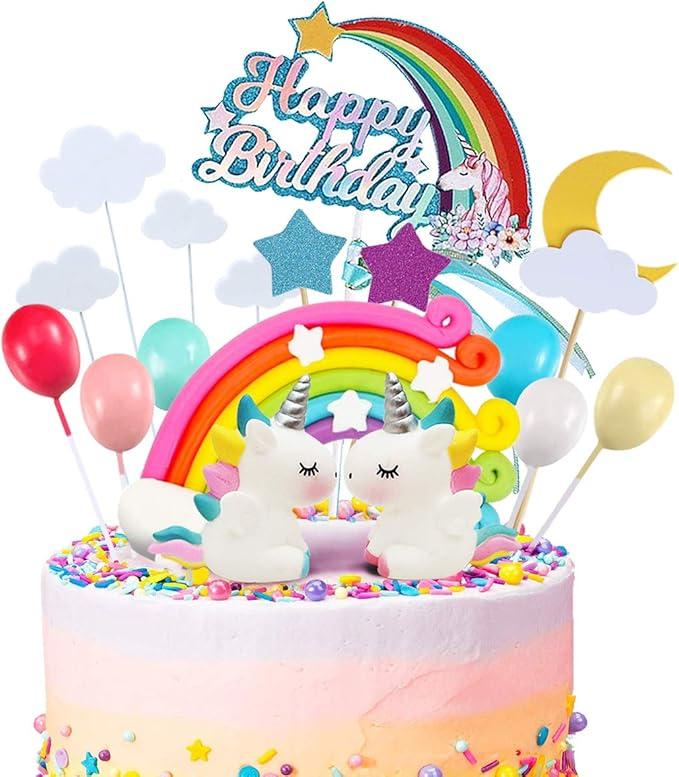 MOVINPE 21pcs Unicorn Cake Topper Kit Cloud Rainbow Balloon Happy Birthday Banner Cake Decoration For Boy Girl Kid Birthday