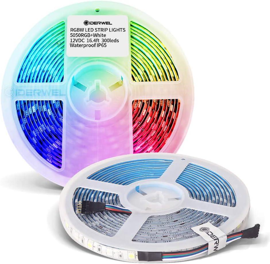 GIDERWEL RGBW LED Strip Light,16.4ft RGB+Cold White SMD5050 Flexible 12V LED Strips 300LEDs,Dimmable Mixed Color Changing LED Tape Light Ambiance Lighting for Party Home Kitchen,Only 5m Strips