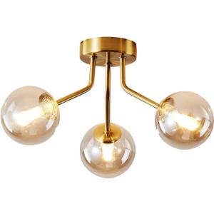 Modern Sputnik Chandeliers 3 Light Gold Semi Flush Mount Ceiling Light Fixture Pendant Lamps Bulbs with Glass Globe Lighting for Bedroom Kitchen Dining Room Office