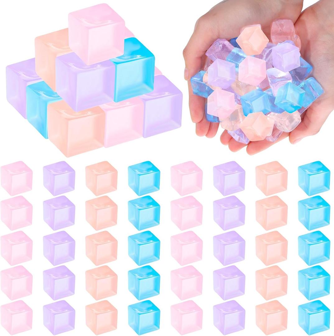 50 Pcs Mini Ice Cube Stress Balls Bulk Squeeze Square Ball Sensory Stress Relief Mini Ice Cube Prize Birthday Party Favor Bags Box Filling, 4 Colors