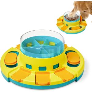 Potaroma Dog Puzzle Toy 2 Levels, Slow Feeder, Pup Food Treat Feeding Dispenser for IQ Training and Entertainment for All Breeds 4.2 Inch Height (Yellow Blue)