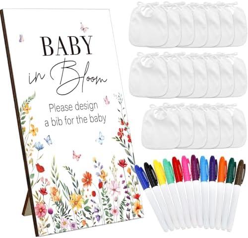 Panitay 43 Pcs Baby Shower Games White Bibs Design, Include Wooden Baby Shower Game Sign, 30 DIY Blank White Bibs, 12 Markers for Gender Reveal Party Decorating Supplies(Wildflower)