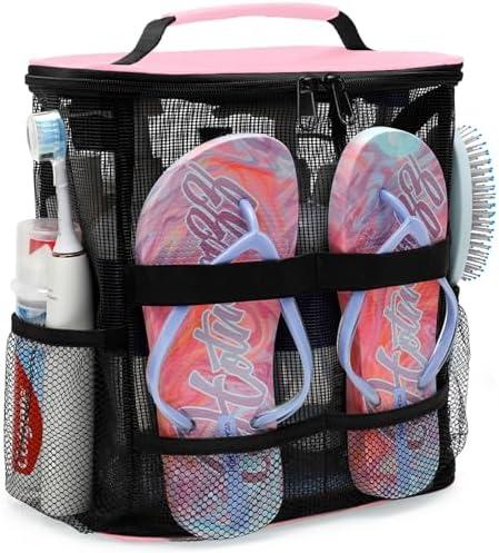 Dorm Room Essentials for Girls, Mesh Shower Caddy Hanging, Large Capacity Toiletry Bag for Women, Quick Dry Shower Bag for Camping, Cruise, Travel Essentials, Christmas Birthday Gifts for Women Girls, Pink