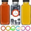 STARSIDE 16 oz Glass Juice Bottles with Lids 3 Pack - Square Reusable Drinking Jars for Juicing, Milk, Kombucha - Includes 1 Bottle Brush, 6 Colored Labels