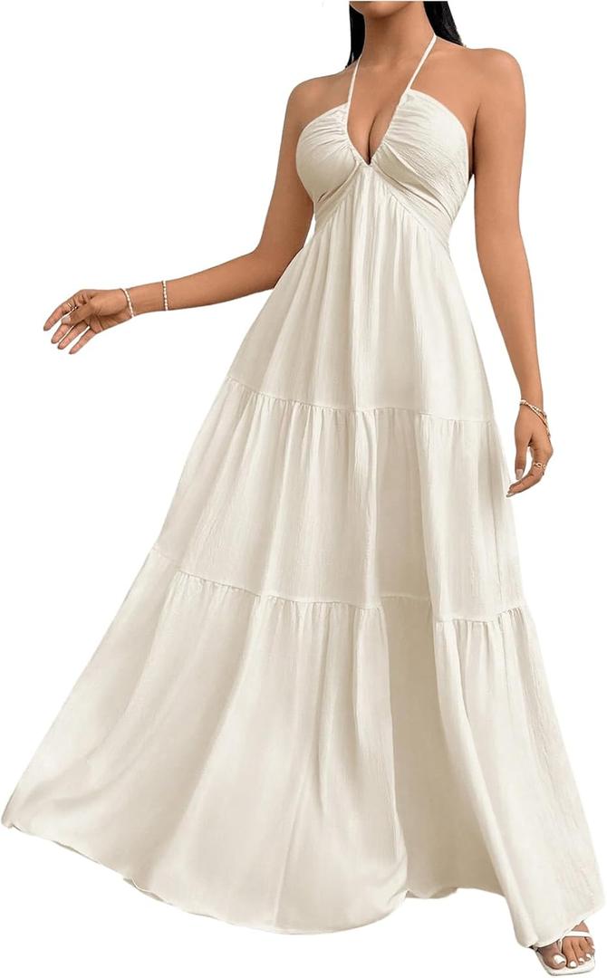 SHENHE Women's Deep V Neck Tie Knot Backless Halter Dress A Line Flowy Ruffle Maxi Dress (Beige), Small