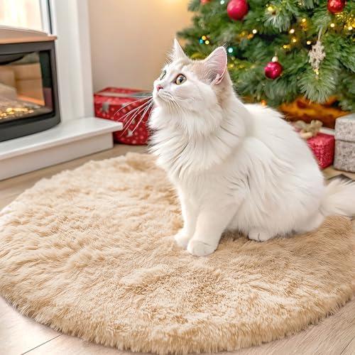 OLANLY Beige Round Rugs for Bedroom - Machine Washable, 2 ft Circle Area Rugs for Living Room, Soft and Fluffy Shaggy Carpet for Teen Girls and Boys, Nursery Rooms, Dorms, Home Decor Aesthetic