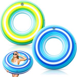 ShinyRelief 2 Pack 50'' Giant Inflatable Tube Pool Float with Cup Holder Vintage Stripe Large Pool Float Donut Adult Swim Rings Round Beach floaties for Summer Swimming Party, Yellow Green Blue