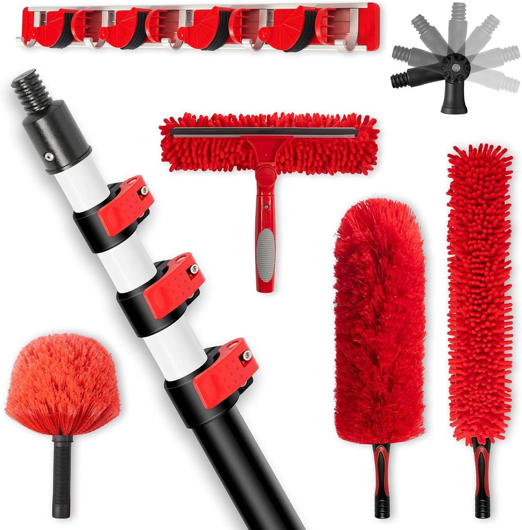 20FT High Reach Ceiling Duster Kit with 5-12ft Extension Pole Fan & Cobweb Cleaner, Microfiber Feather Duster, 2-in-1 Window Squeegee, 270 Rotating Head, Reusable & Washable, Wall-Mount Rack