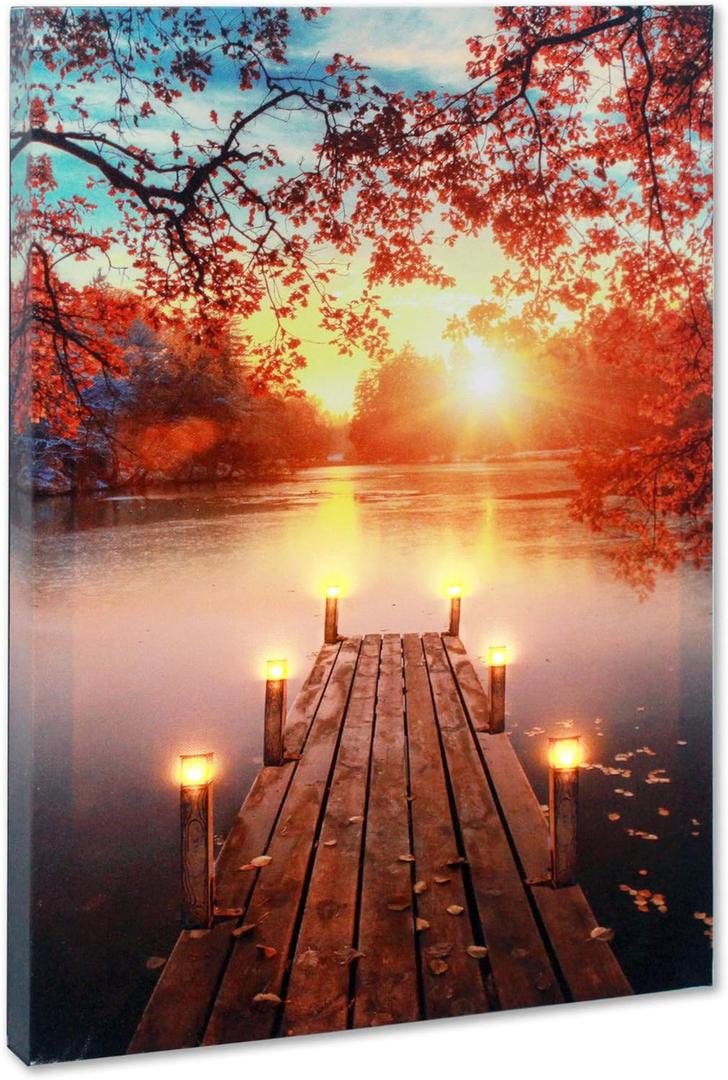 BetyHom Red Maple Sunrise Scenery by the Lake Canvas Wall Art with Lighted Candles LED (15.8x11.8 in)