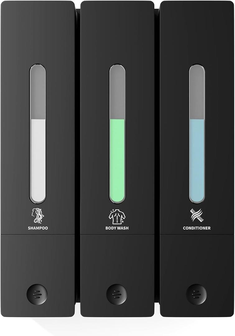 Shampoo and Conditioner Dispenser - Wall-Mounted 3-Chamber Shower Soap Dispenser, No-Drill, 1200ML Capacity, for Bathroom & Hotel (Black-3-Pack)