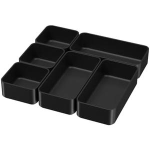 6 Pcs Stackable Drawer Organizer Set Desk Drawer Dividers, Bathroom Vanity Cosmetic Makeup Trays , Multipurpose Plastic Storage Bins for Jewelries, Kitchen Gadgets and Office Accessories, Black