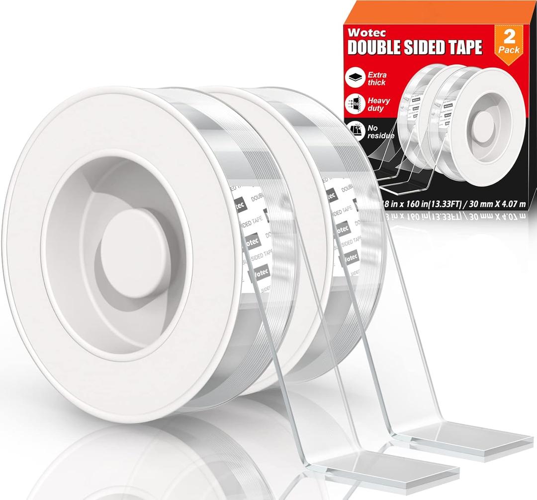 Wotec 2 Pack Extra Large Double Sided Tape Heavy Duty Removable 1.18 Inch x 160 Inch, Clear & Tough Nano Tape, Multipurpose Mounting Tape Picture Hanging Strips Adhesive for Poster Carpet