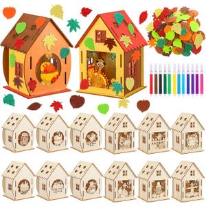 12 Sets Thanksgiving Wooden Houses Craft Harvest Graffiti Turkey House Pumpkin Maple Leave DIY Table Decor 12 DIY Unfinished Craft Kit 12 Watercolor Pens 100 Foam Stickers