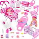 Baby Doll Stroller Play Set with 12.5" Baby Dolls, 28 Pcs Pretend Role Play Doll Accessories Including Crib, Dining Chair, Doll Clothes, Sunglass, Handbag for Girls Toddlers 3-5 4-6 5-7, 21.65 X 11.02 X 7.87 Inches
