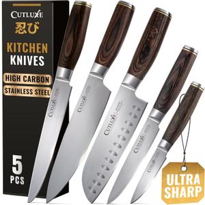 Cutluxe 5-Piece Chef Knife Set  Ultra Sharp Japanese Kitchen Knives, High Carbon Stainless Steel Blades, Full Tang Pakkawood Handles  Shinobi Series (Brown)