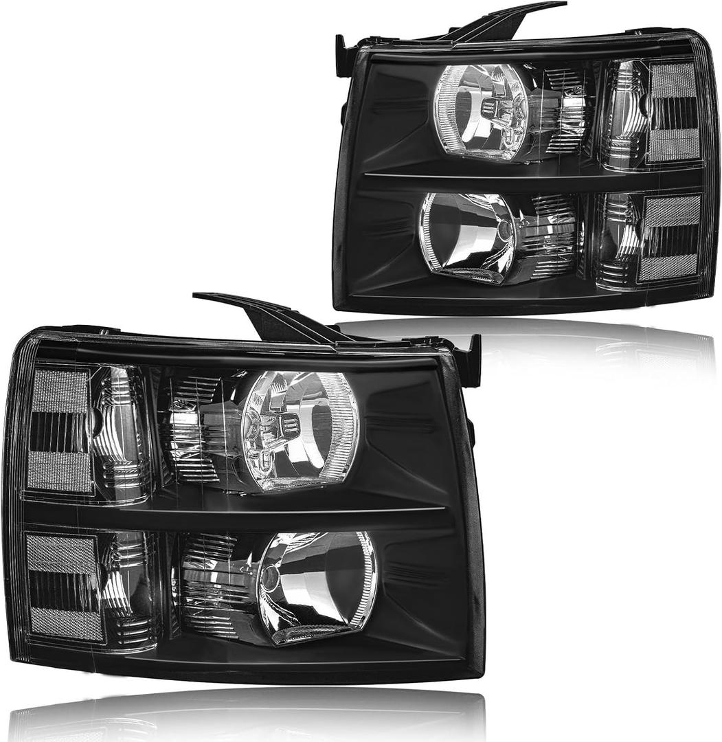for 2007-2013 Chevy Silverado 1500 Headlights Assembly Compatible with 07-14 2500HD 3500 Clear Reflector Black Housing