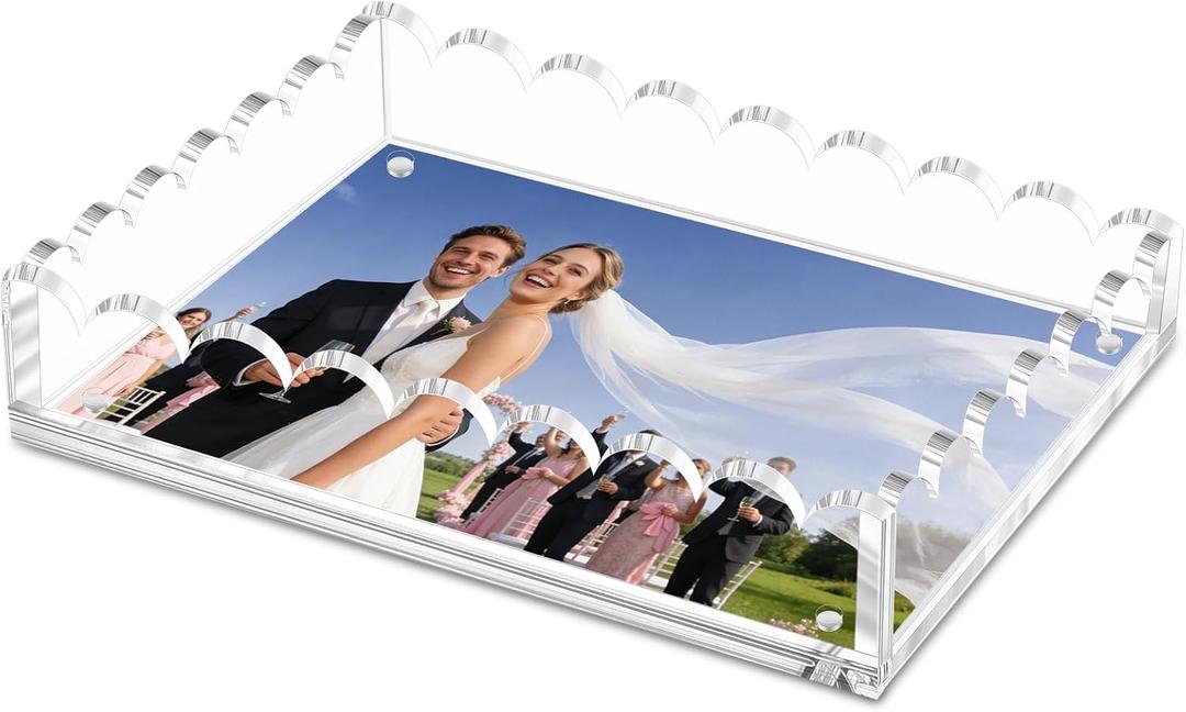Acrylic Scalloped Tray with a Magnetic Mat for Photos Art Messages Serving Tray Organiser Includes Anti-Slip Pads for Coffee Table (8 * 10 Inch)