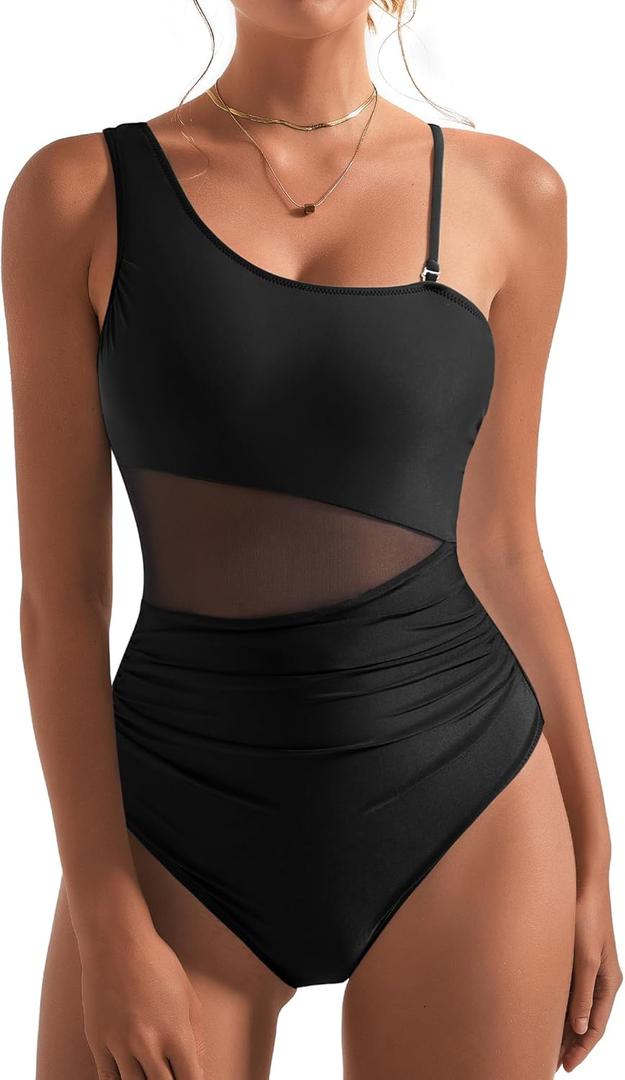 SUUKSESS Women Mesh One Shoulder One Piece Swimsuit Tummy Control Bathing Suit (Small, 88 Black)