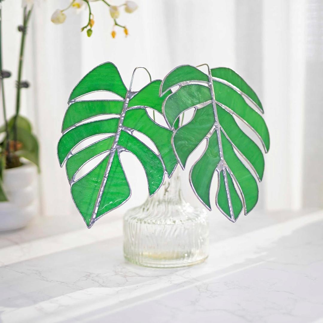 Monstera Stained Glass Stake Decor, Plant Suncatcher, Handmade Fake Monstera decor, Nature Decor, Faux Monstera Plant, 2 in 1 Set