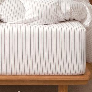 MooMee Stripes Fitted Bottom Sheet Only 100% Washed Cotton Linen Like Textured Breathable Durable Soft Comfy Deep Pocket (White Almond Milk Grey Wide Stripes, Queen)
