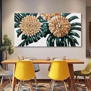 Botanical Canvas Art Gold Flowers Painting Dark Green Leaves Wall Art Photo Prints for Dining Room Office 24x48 Inch Rustic Home Decor
