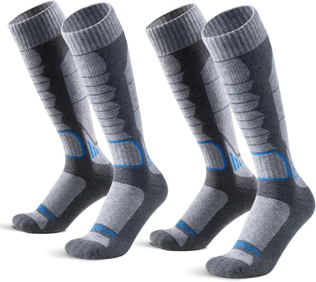 Merino Wool Ski Socks for Men, Women & Youth - Over-the-Calf Full Cushion Thermal Snowboard Socks, Winter Performance (Large, Grey)