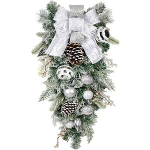 30" Christmas Teardrop Swag for Front Door Artificial Winter Swag Garland with Pine Cones, Berry Clusters, White Ball Ornaments and Ribbons for Thanksgiving Holiday Christmas Decoration