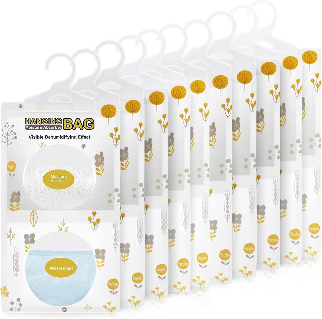 Vacplus Moisture Absorbers, Hanging Closet Dehumidifier Bags, Humidity Packs, Desiccant, Closet Dehumidifiers with Fragrance Free, 10 Pack, 9.8 OZ