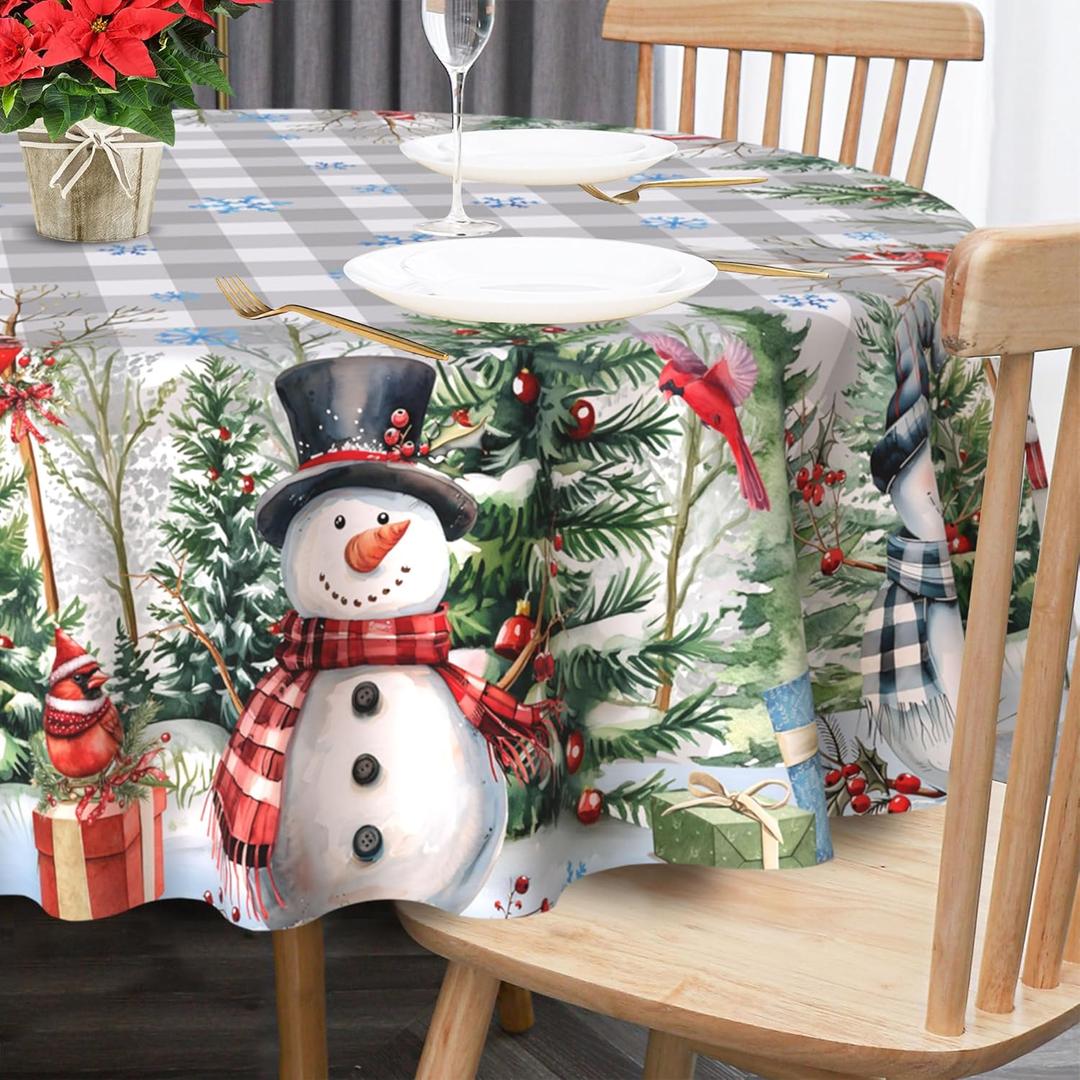 Unibyby Winter Tablecloth Round 70 Inch, Snowflake Table Cloth Holiday Snowman Indoor Decor for Dining Room Party