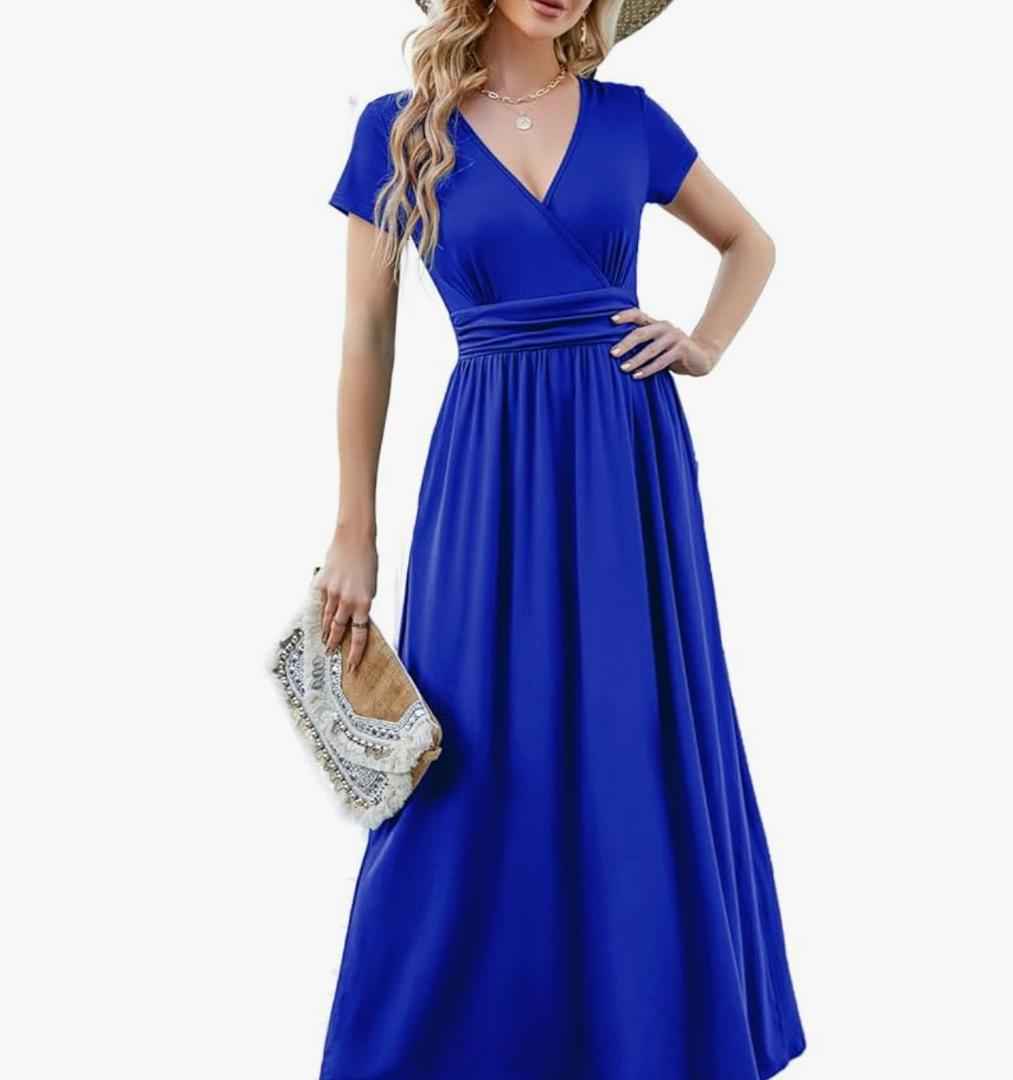 ANRILITA Maxi Dress for Women Wrap V Neck Short Sleeve Empire Pleated Waist Summer Casual Elegant Long Dresses with Pockets, S