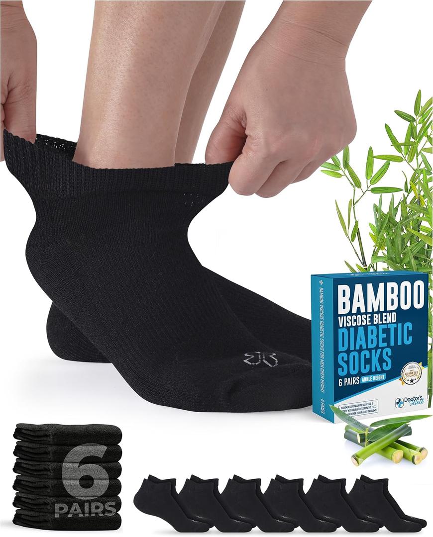 Doctor's Select Viscose Bamboo Ankle Diabetic Socks for Women and Men - 6 Pairs | Super Soft, Non Binding, Loose Wide Top (Large)
