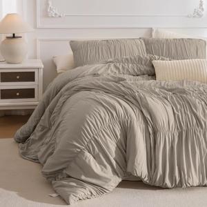 Masaca 120x120 Oversized Comforter King Size, Linen Like Textured Ruched California King Bed Comforter Set Soft Lightweight Fluffy Ruffle Farmhouse Shabby Bedding Set 3PCS