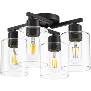 Kitchen Lighting Fixtures Ceiling, Black Semi Flush Mount Ceiling Light, 4 Light Kitchen Light Fixtures Cieling Lights with Clear Glass Shade for Bedroom Foyer Farmhouse Hallway