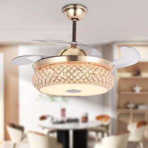 42" Fandelier Ceiling Fan with Light Remote Control, Modern Luxury Gold Crystal Chandelier with Retractable Blades Bluetooth Speaker 7 Color Change Silent Motor for Dining Room Living Room Bedroom
